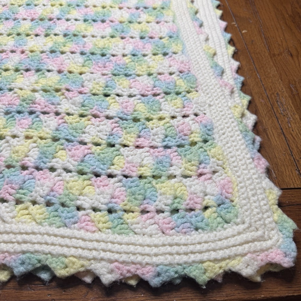Handmade Baby‎ Afghan Crocheted Knit Blanket Throw 44"x59 Pink/Yellow/Blue